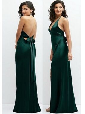 NWT After Six Dessy Neu Charmeuse V-Neck Halter Maxi Bias Dress Gown Small 6885